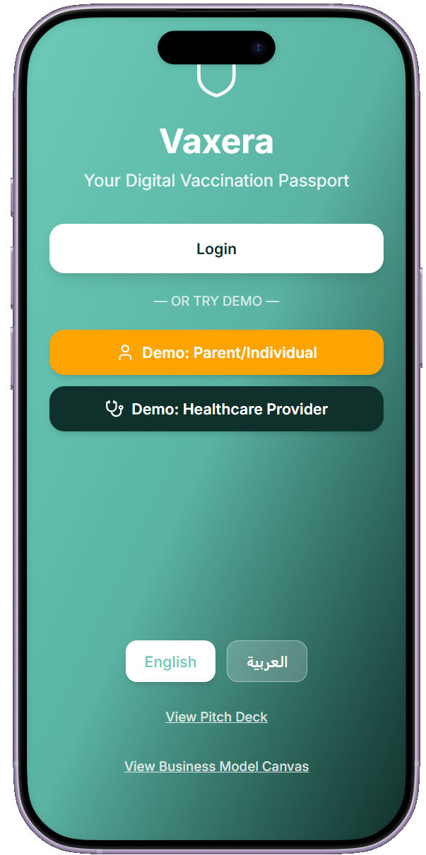 Vaxera app entry screen with parent and provider demo modes