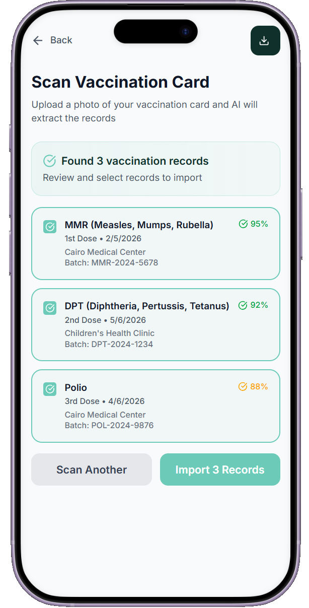 Vaxera scan results screen with per-record confidence scores